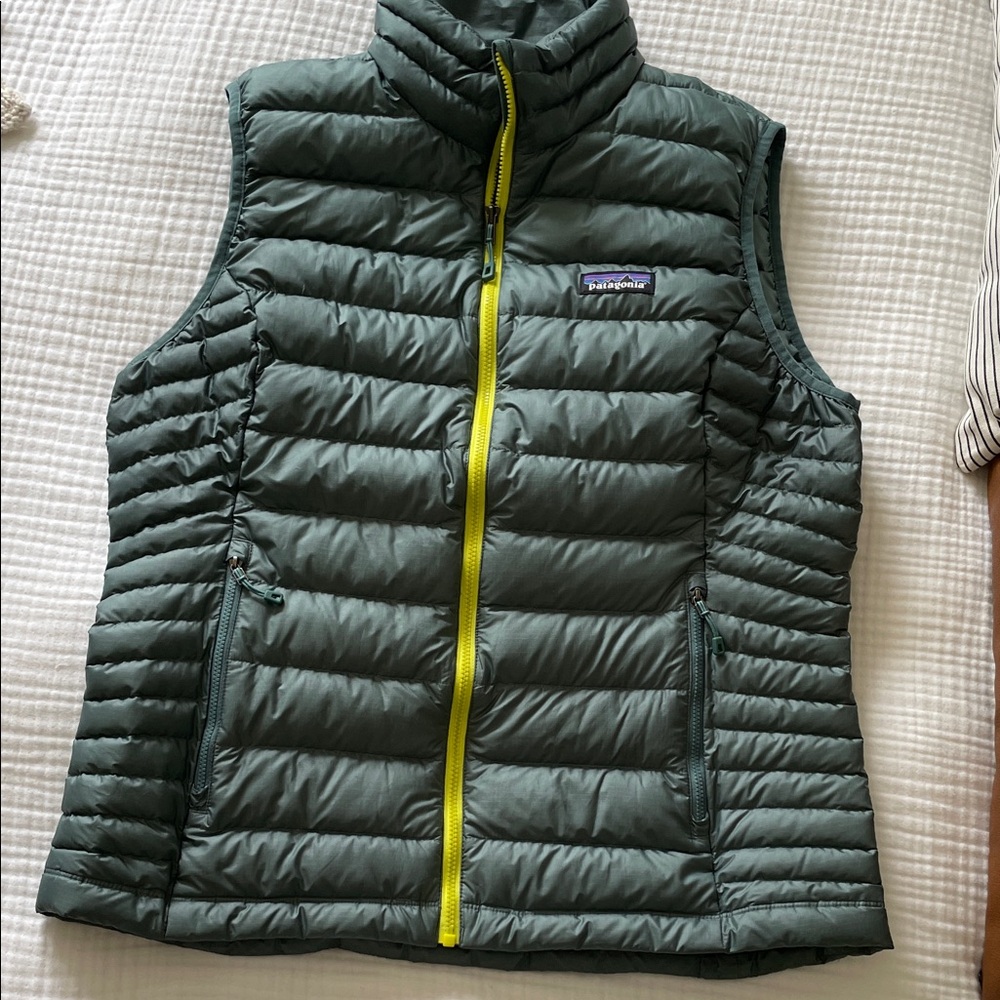 Patagonia Green Down Vest with Neon Yellow Zipper